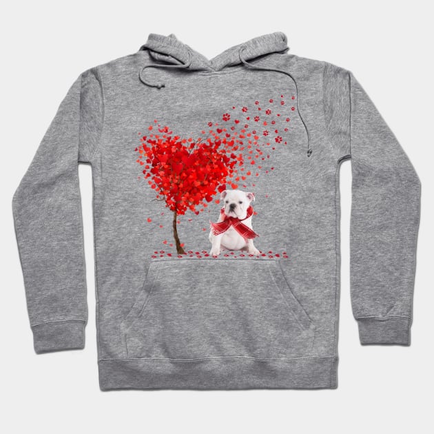 Valentine's Day Heart Tree Love White English Bulldog Hoodie by cyberpunk art